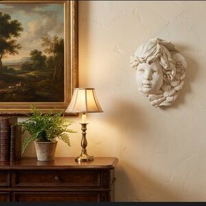 Hen-Feathers & Co. Bonded Stone Cherub Wall Plaque Angel Face Architectural